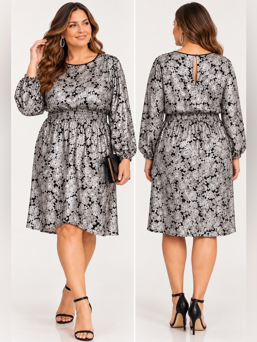 MICHAEL Michael Kors 2X Metallic Paisley Flounce Dress Black Silver NWT